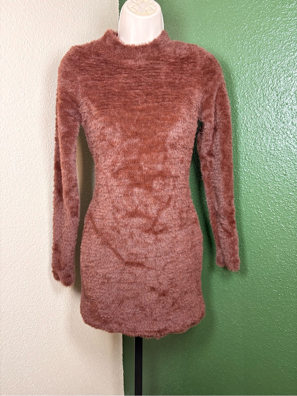 Cozy Fuzzy Long Sleeve Mini Mock Neck Dress in Rust Brown